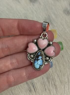 Sterling Silver Golden Hills Turquoise Pink Conch Triple Hearts Cluster Pendant